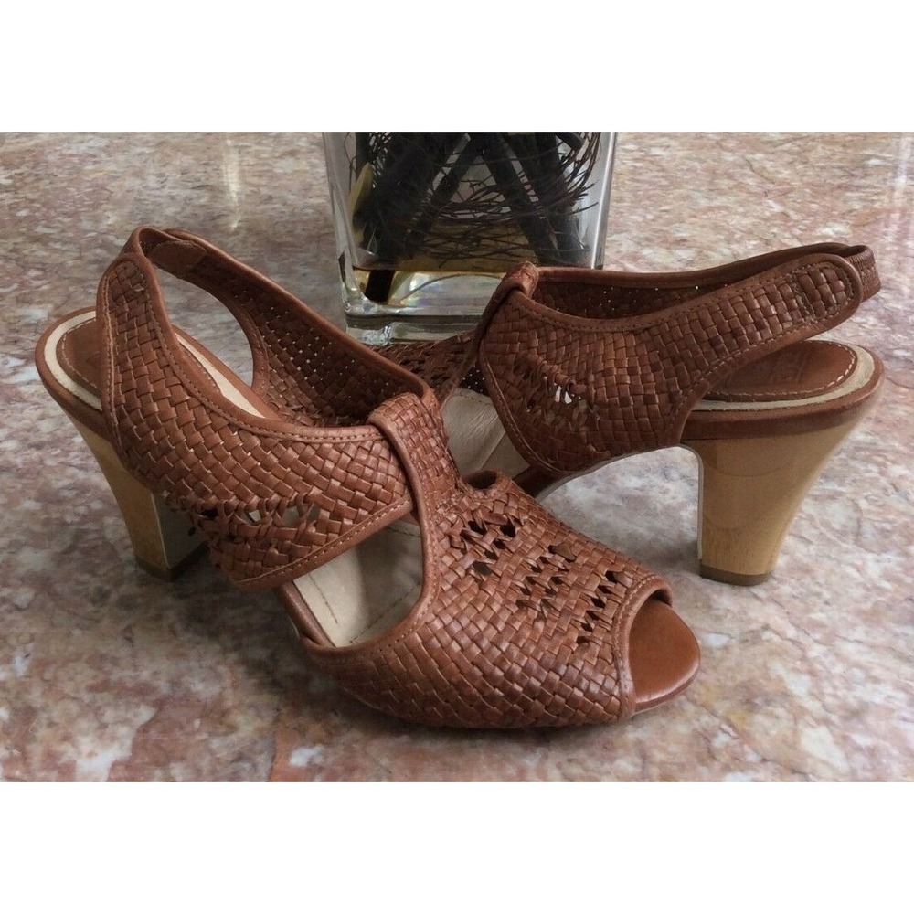 Frye Women's Ramsey Woven Wood Heel Slingback Peep Sandal Shoes Sz 6.5 EUC, $228